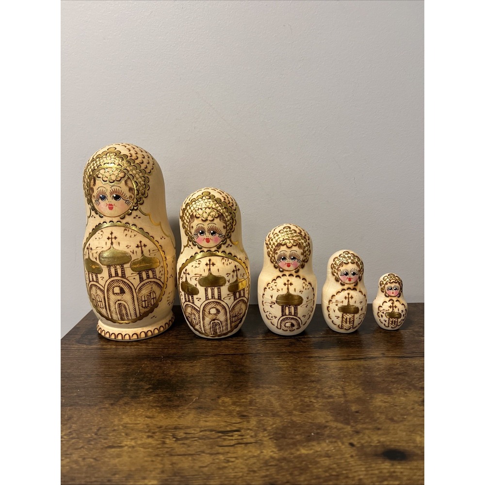 VTG Handmade 7" Matryoshka Pyrography Wooden Russian Nesting Dolls, 5 Gold Gilt